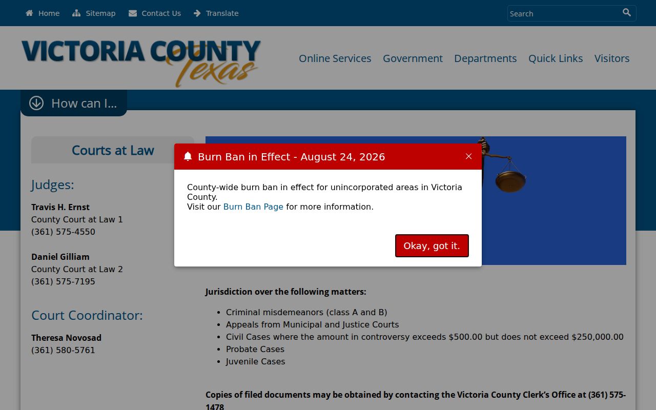 Victoria County warrant records court reference for the County Courts at Law