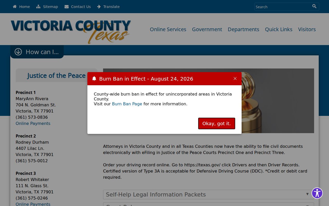 Victoria County warrant records reference showing the four Justice of the Peace precinct offices