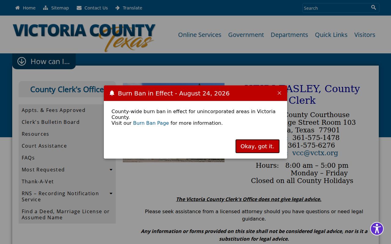 Victoria County warrant lookup reference showing County Clerk record duties