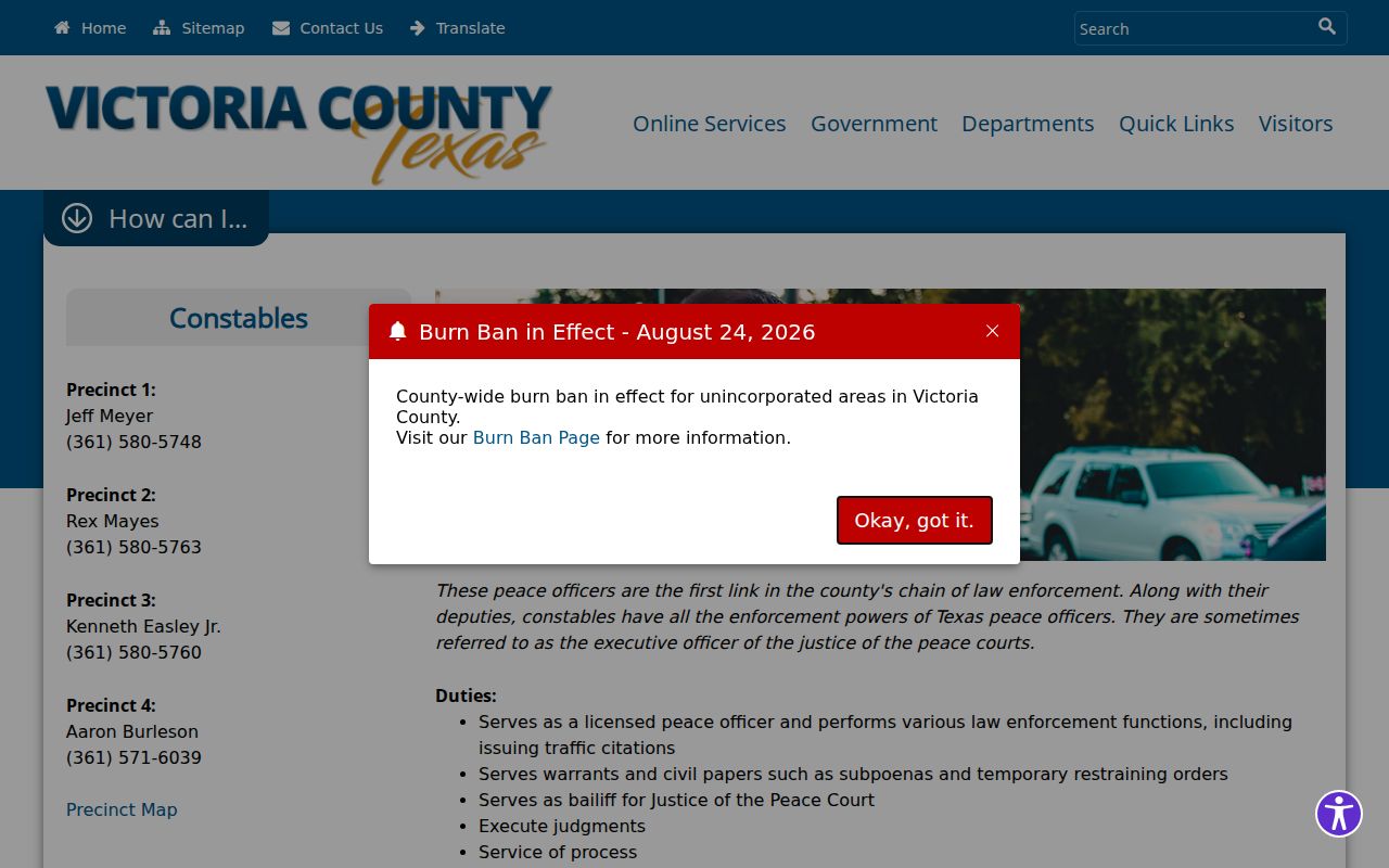 Victoria County arrest warrant service information for the four constable precincts