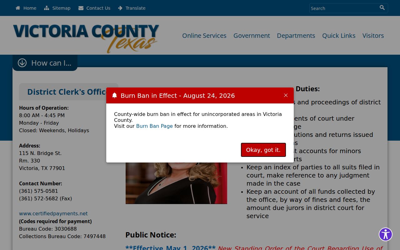 Victoria County arrest warrant record route through the District Clerk felony-record office