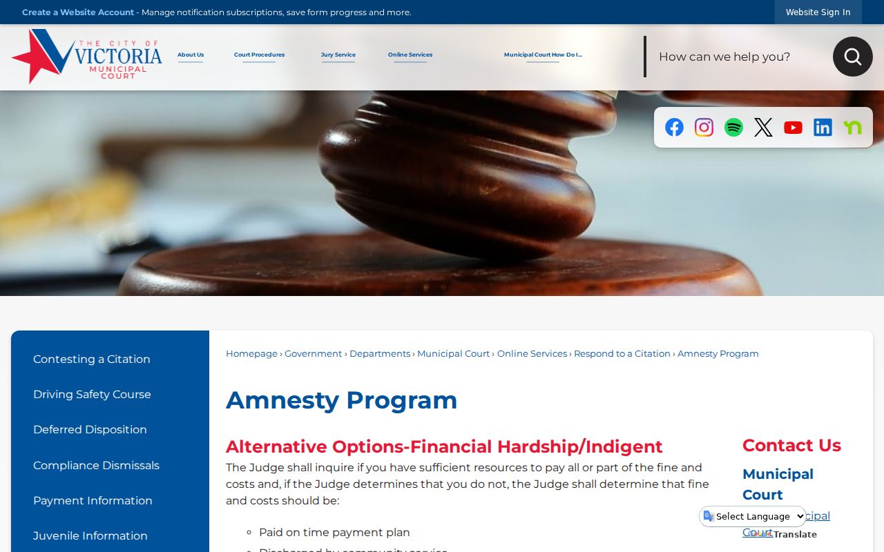 Victoria County bench warrant resolution reference for Municipal Court Open Court and hardship options