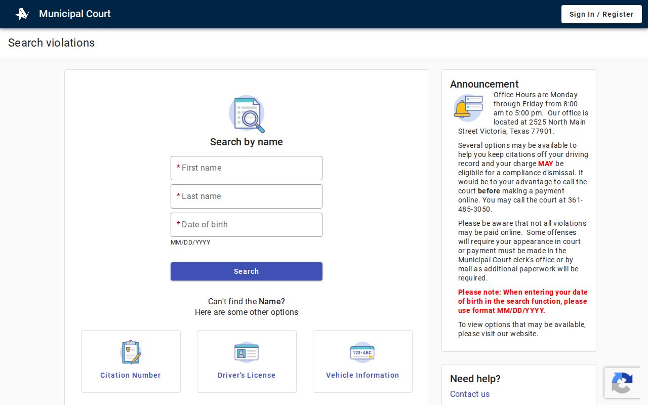Victoria County warrant search reference showing blank city court search options