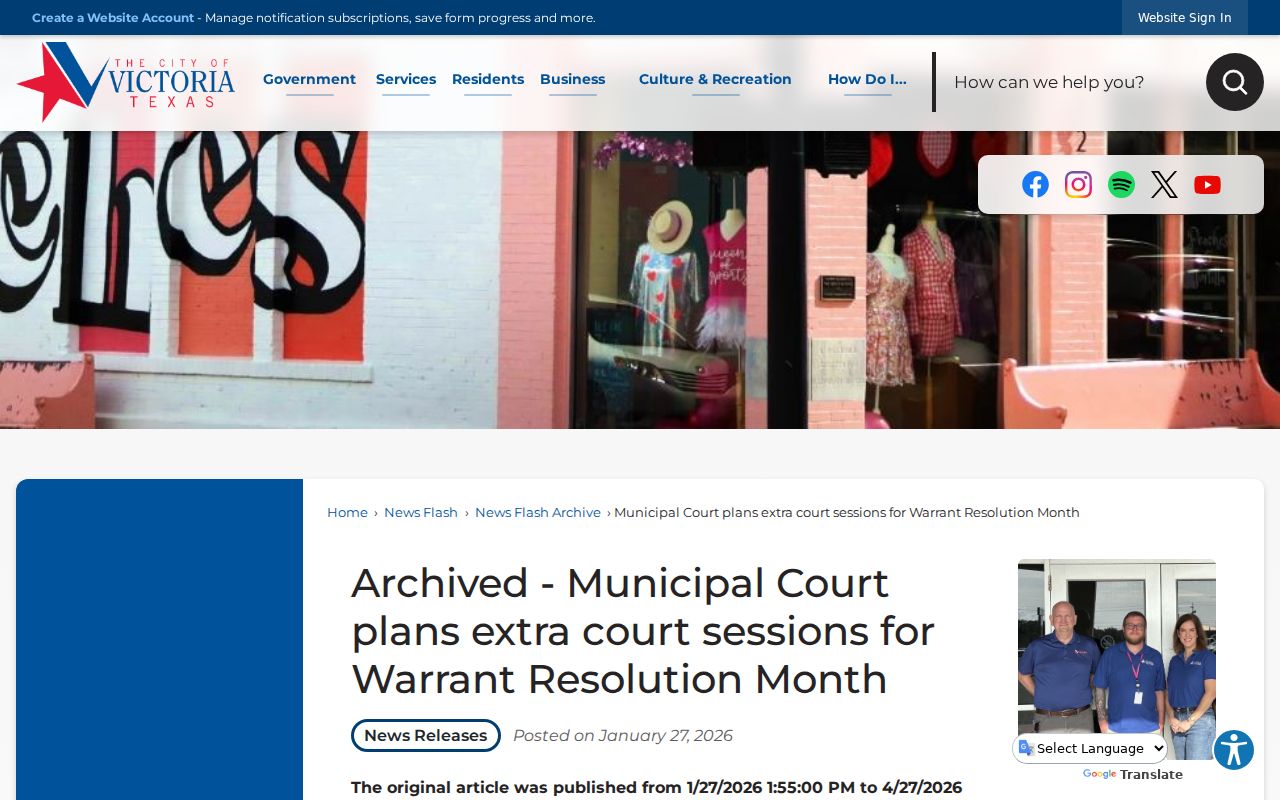 Victoria County city warrant resolution notice with historical event date and venue
