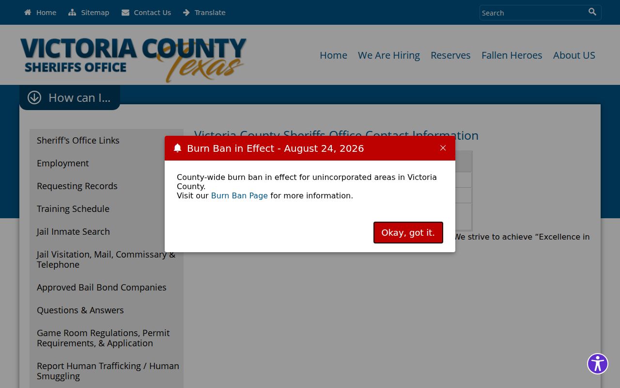 Victoria County active warrant records contact page for Sheriff questions and written requests